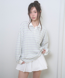 ストライプオーバーサイズカラーTシャツブルー
