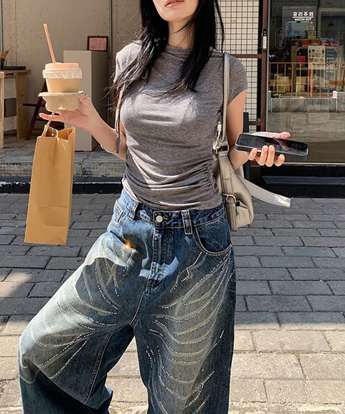 Girly Doll(ガーリードール)の「リボンディティールサイドギャザーTシャツ(Tシャツ/カットソー・レディース・グレー/ホワイト/ブラック・F)」の8枚目の写真