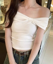 華奢見えリボンギャザーオフショルダー半袖トップス