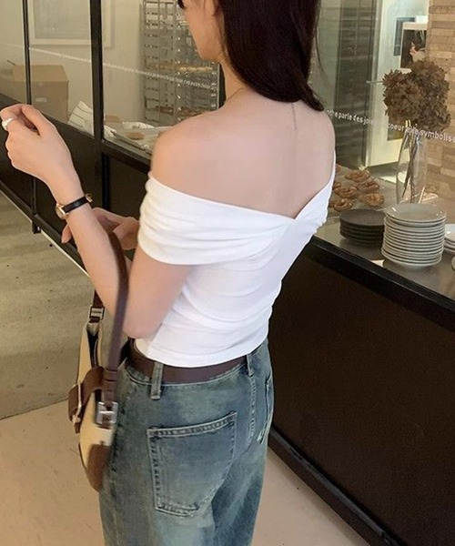 center i(センターアイ)の「華奢見えリボンギャザーオフショルダー半袖トップス(Tシャツ/カットソー・レディース・ホワイト/ネイビー・SMALL/MEDIUM)」の16枚目の写真