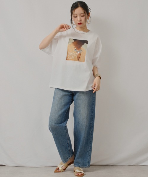 palm RICHE(ポームリシュ)の「ビジュー付プリントメローT(Tシャツ/カットソー・レディース・ホワイト/パープル系その他/ブラック・M)」の5枚目の写真