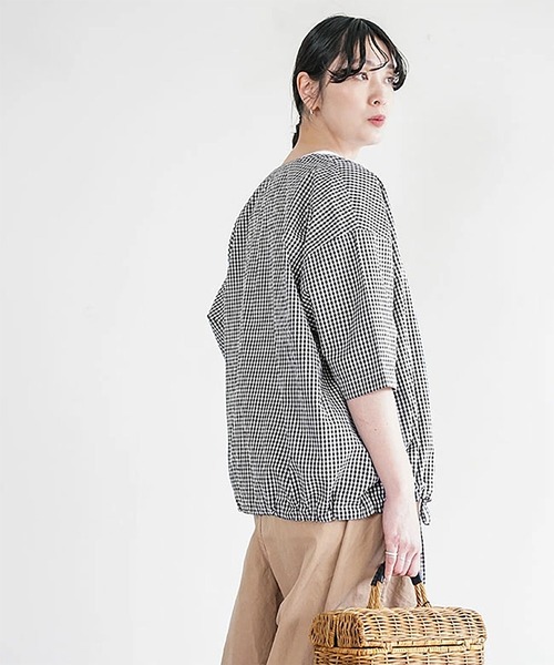 solamonat poche(ソラモナポッシェ)の「ギンガムストライプ5分袖シャツカーデ(シャツ/ブラウス・レディース・チェック/ブラック/ストライプ・2)」の3枚目の写真