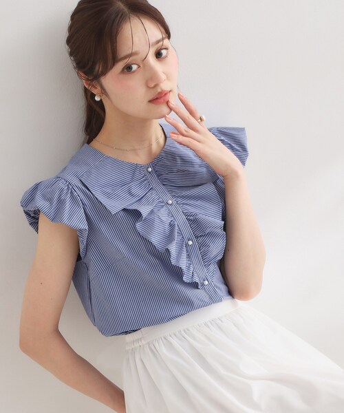 couture brooch（クチュールブローチ）の「リボンフリルストライプシャツ（シャツ/ブラウス・レディース・ブルー系2/ピンク系7/ブルー系7・36/42/38/40）」の2枚目の写真