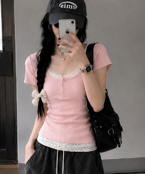 HALEY PESCA(ヘーリーペスカ)の「HALEY PESCA/レイヤード風ヘンリーネック 小花柄リブカットソー(Tシャツ/カットソー・レディース・ピンク/アイボリー・MEDIUM)」の1枚目の写真