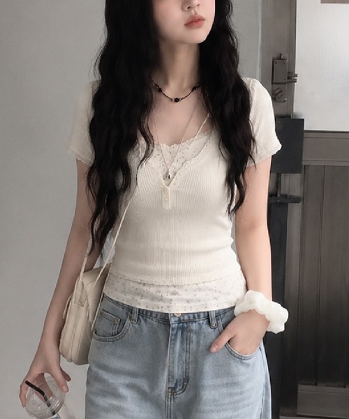 HALEY PESCA(ヘーリーペスカ)の「HALEY PESCA/レイヤード風ヘンリーネック 小花柄リブカットソー(Tシャツ/カットソー・レディース・ピンク/アイボリー・MEDIUM)」の2枚目の写真