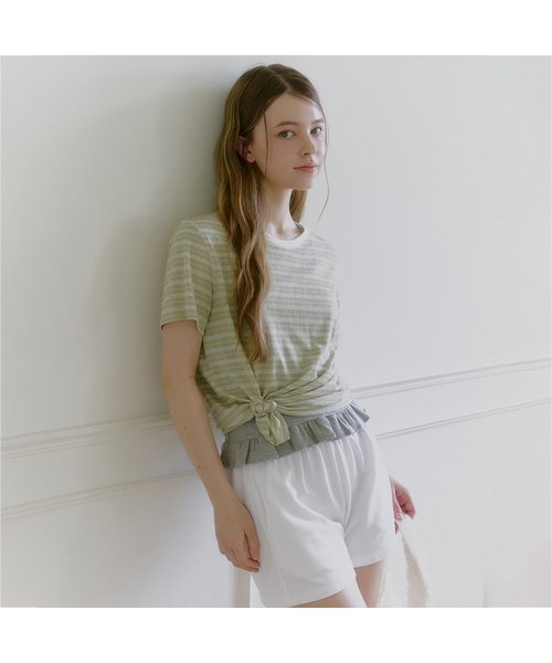 MICANE(ミケーネ)の「リススストライプステッチコントラストTシャツ(Tシャツ/カットソー・レディース・スカイブルー/オリーブ/ピンク・1/2/4/3)」の2枚目の写真