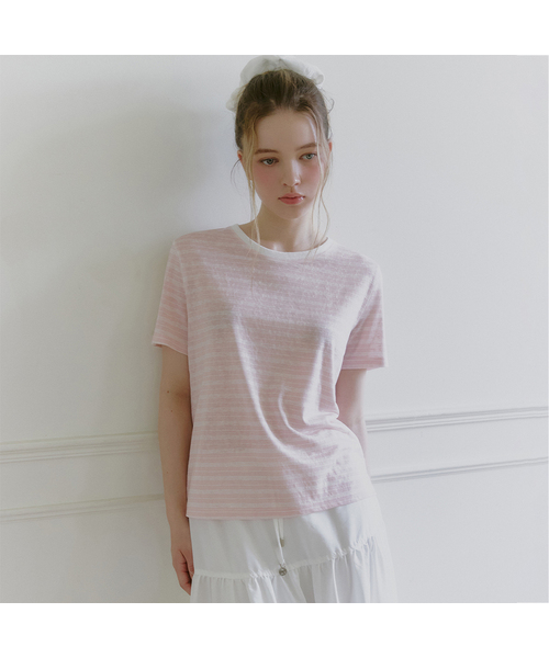 MICANE(ミケーネ)の「リススストライプステッチコントラストTシャツ(Tシャツ/カットソー・レディース・スカイブルー/オリーブ/ピンク・1/2/4/3)」の3枚目の写真