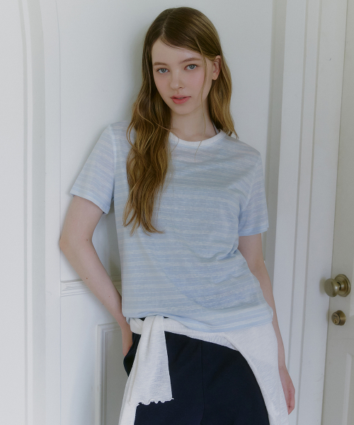 MICANE(ミケーネ)の「リススストライプステッチコントラストTシャツ(Tシャツ/カットソー・レディース・スカイブルー/オリーブ/ピンク・1/2/4/3)」の7枚目の写真