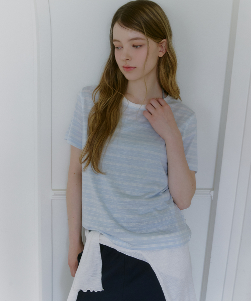 MICANE(ミケーネ)の「リススストライプステッチコントラストTシャツ(Tシャツ/カットソー・レディース・スカイブルー/オリーブ/ピンク・1/2/4/3)」の8枚目の写真