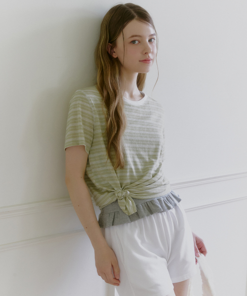 MICANE(ミケーネ)の「リススストライプステッチコントラストTシャツ(Tシャツ/カットソー・レディース・スカイブルー/オリーブ/ピンク・1/2/4/3)」の11枚目の写真