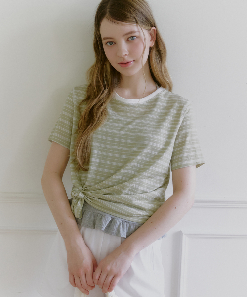 MICANE(ミケーネ)の「リススストライプステッチコントラストTシャツ(Tシャツ/カットソー・レディース・スカイブルー/オリーブ/ピンク・1/2/4/3)」の12枚目の写真