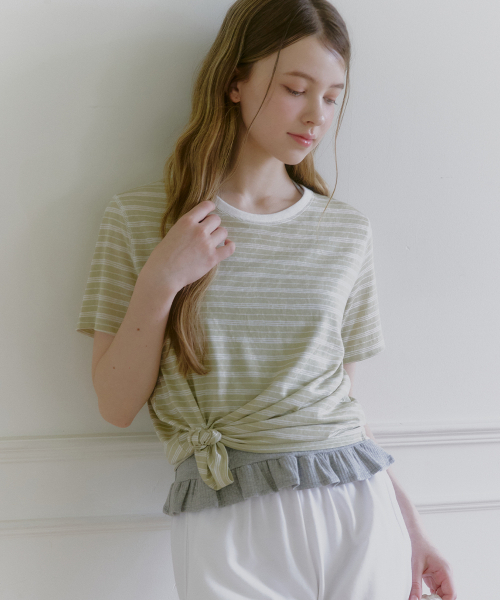 MICANE(ミケーネ)の「リススストライプステッチコントラストTシャツ(Tシャツ/カットソー・レディース・スカイブルー/オリーブ/ピンク・1/2/4/3)」の13枚目の写真