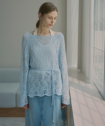Contrast Neck Raglan Wave Trim Knit & Waist Strin (sky blue)
