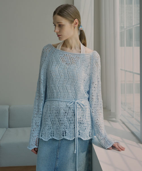 VLETI（ブレッティ）の「Contrast Neck Raglan Wave Trim Knit & Waist Strin (sky blue)（ニット/セーター・レディース・スカイブルー・FREE）」の2枚目の写真