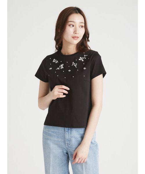 CELFORD（セルフォード）の「【洗える】フラワービジューTシャツ（Tシャツ/カットソー・レディース・オフホワイト/ブラック・F）」の4枚目の写真