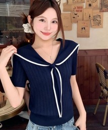 【3色展開】配色セーラーカラー半袖ニット