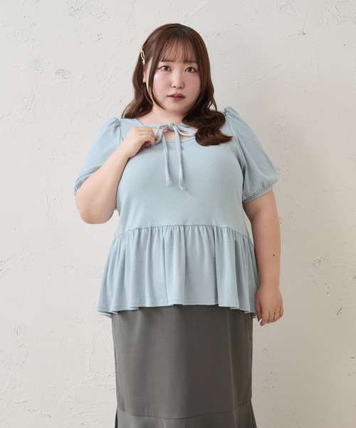 Louiosy(ルオシー)の「【Louiosy】【大きいサイズ】ラメドットテレコリブペプラムトップス(Tシャツ/カットソー・レディース・チャコールグレー/オフホワイト/ブルー・4L/3L/LL)」の11枚目の写真