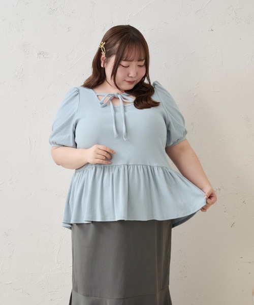 Louiosy(ルオシー)の「【Louiosy】【大きいサイズ】ラメドットテレコリブペプラムトップス(Tシャツ/カットソー・レディース・チャコールグレー/オフホワイト/ブルー・4L/3L/LL)」の8枚目の写真