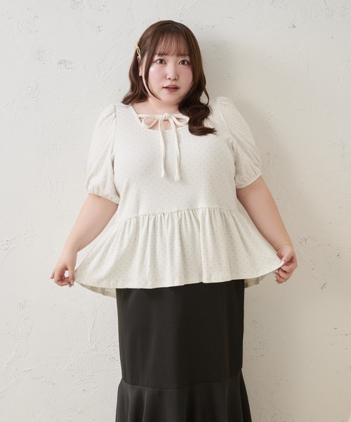 Louiosy(ルオシー)の「【Louiosy】【大きいサイズ】ラメドットテレコリブペプラムトップス(Tシャツ/カットソー・レディース・チャコールグレー/オフホワイト/ブルー・4L/3L/LL)」の17枚目の写真