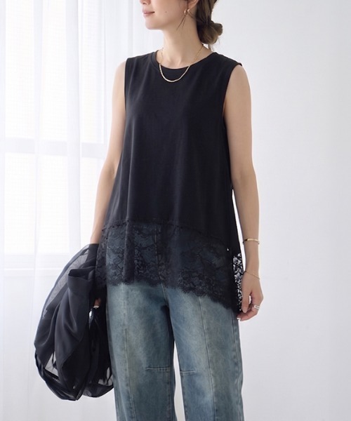 GROWING RICH（グローウィングリッチ）の「裾レースヘムノースリーブプルオーバー（Tシャツ/カットソー・レディース・ホワイト/ブラック・ONE SIZE）」の3枚目の写真