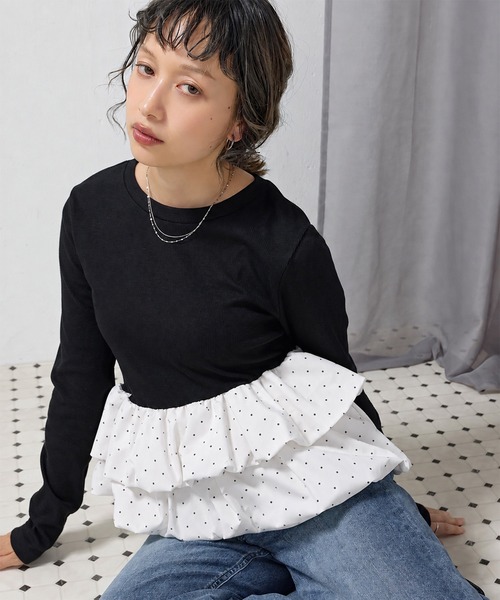 en CAnAF(エンカナフ)の「【大人可愛いシルエット】カットリブバルーンペプラムプルオーバー(Tシャツ/カットソー・レディース・ブラック/アイボリー/チャコールグレー/ブラック系1・フリー)」の3枚目の写真