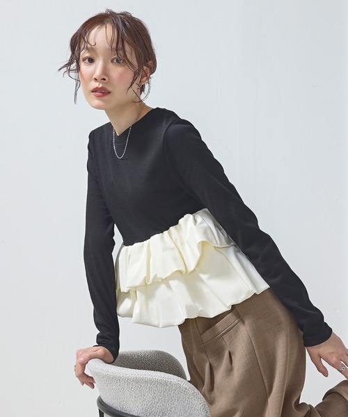 en CAnAF(エンカナフ)の「【大人可愛いシルエット】カットリブバルーンペプラムプルオーバー(Tシャツ/カットソー・レディース・ブラック/アイボリー/チャコールグレー/ブラック系1・フリー)」の7枚目の写真
