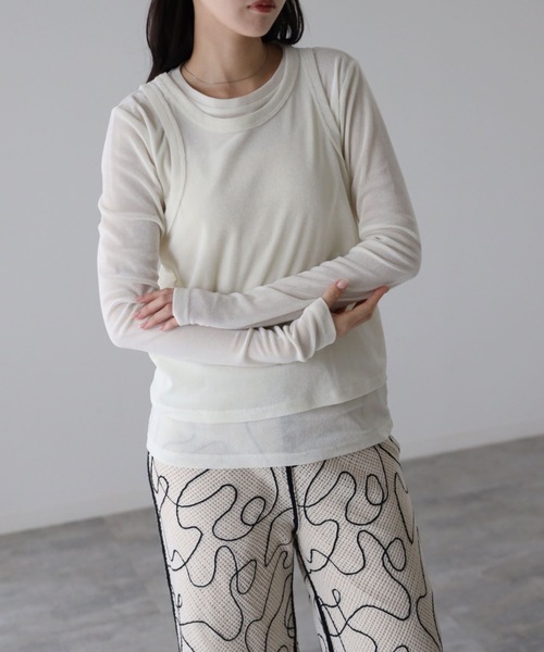 YENNA(イェンナ)の「シアーフロッキーレイヤードセット / Tシャツ+タンク(Tシャツ/カットソー・レディース・グレー/ブラック/アイボリー・FREE)」の6枚目の写真
