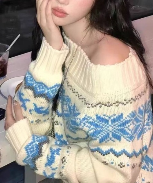gossip！ロサンゼルス（ゴシップロサンゼルス）の「オフショルミックスデザインニットトップ（ニット/セーター・レディース・ブラック/ホワイト・FREE）」の7枚目の写真