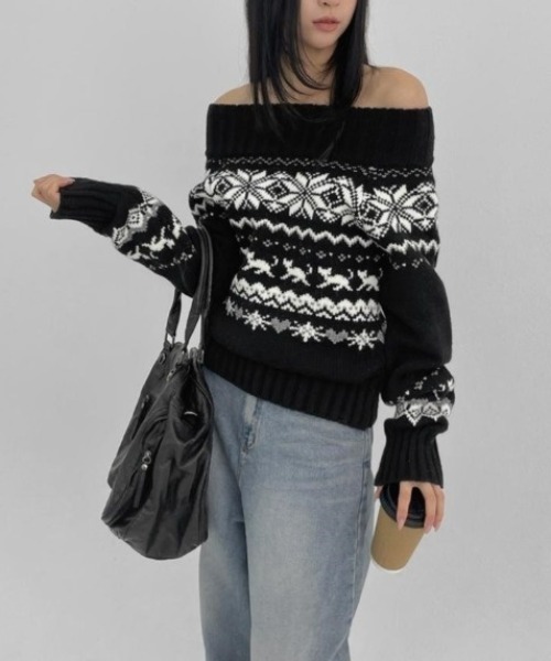 gossip！ロサンゼルス（ゴシップロサンゼルス）の「オフショルミックスデザインニットトップ（ニット/セーター・レディース・ブラック/ホワイト・FREE）」の16枚目の写真