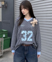 HOOK for girls ナンバーロゴ ボーダー Vネック オーバーサイズロンT