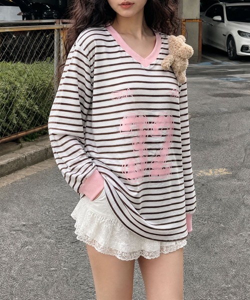 HOOK(フック)の「HOOK for girls ナンバーロゴ ボーダー Vネック オーバーサイズロンT(Tシャツ/カットソー・レディース・グレー・FREE)」の7枚目の写真