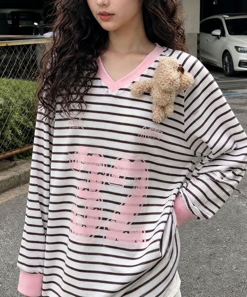 HOOK(フック)の「HOOK for girls ナンバーロゴ ボーダー Vネック オーバーサイズロンT(Tシャツ/カットソー・レディース・グレー・FREE)」の8枚目の写真