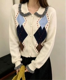 襟フリルアーガイルニットカーディガン