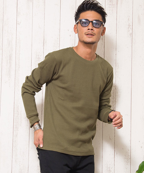 CavariA(キャバリア)の「【3ネックタイプから選べる】サーマルニット無地長袖ニットTシャツ / CARYU16-37(ニット/セーター)」|グリーン系その他