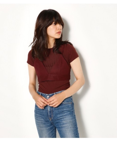 SLY(スライ)の「WIDE RIB CUT TOPS(Tシャツ/カットソー・レディース・ダークブラウン/ダークグリーン/ホワイト/ブラック・2/1)」の1枚目の写真