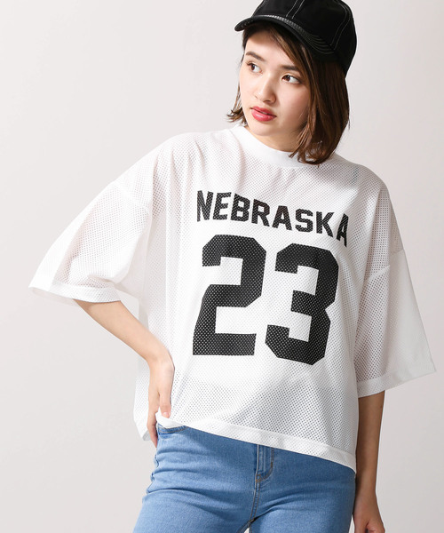 WEGO(ウィゴー)の「WEGO/メッシュナンバリングTシャツ(Tシャツ/カットソー・レディース・ホワイト/ブラック/パープル/グリーン・FREE)」の2枚目の写真