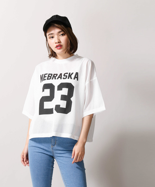 WEGO(ウィゴー)の「WEGO/メッシュナンバリングTシャツ(Tシャツ/カットソー・レディース・ホワイト/ブラック/パープル/グリーン・FREE)」の9枚目の写真