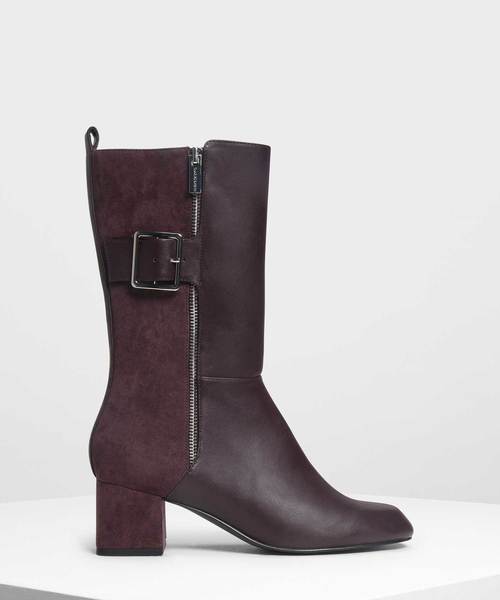 CHARLES & KEITH(チャールズ & キース)の「バックルディテール カフブーツ / Buckle Detail Calf Boots(ブーツ・レディース・ブラック/パープル/ライトブラウン・23cm/23.5cm/24.5cm/25cm)」の1枚目の写真