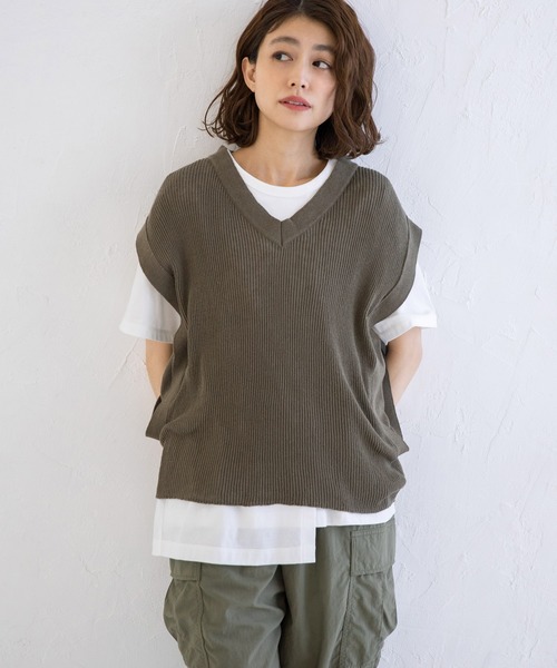 Munich（ミューニック）の「コットンリネンリブ　2WAYニットベスト/プルオーバー（ベスト・レディース・ネイビー/カーキ/キナリ・FREE）」の16枚目の写真