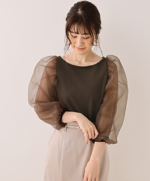 one after another NICE CLAUP（ワンアフターアナザーナイスクラップ）の「袖オーガンジーニット（ニット/セーター・レディース・ホワイト/ベージュ/ブラウン/ミント・FREE）」の3枚目の写真