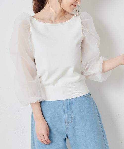 one after another NICE CLAUP（ワンアフターアナザーナイスクラップ）の「袖オーガンジーニット（ニット/セーター・レディース・ホワイト/ベージュ/ブラウン/ミント・FREE）」の2枚目の写真