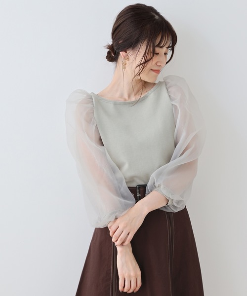 one after another NICE CLAUP（ワンアフターアナザーナイスクラップ）の「袖オーガンジーニット（ニット/セーター・レディース・ホワイト/ベージュ/ブラウン/ミント・FREE）」の4枚目の写真