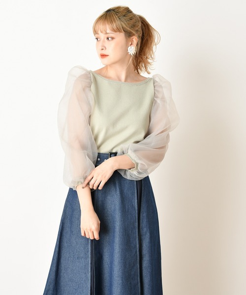 one after another NICE CLAUP（ワンアフターアナザーナイスクラップ）の「袖オーガンジーニット（ニット/セーター・レディース・ホワイト/ベージュ/ブラウン/ミント・FREE）」の10枚目の写真