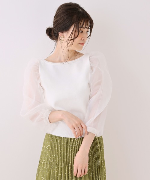 one after another NICE CLAUP（ワンアフターアナザーナイスクラップ）の「袖オーガンジーニット（ニット/セーター・レディース・ホワイト/ベージュ/ブラウン/ミント・FREE）」の14枚目の写真