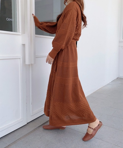 セール クロシェ編み ボリュームスリーブ ロングニットワンピース ワンピース Emi エミプラス のファッション通販 Zozotown