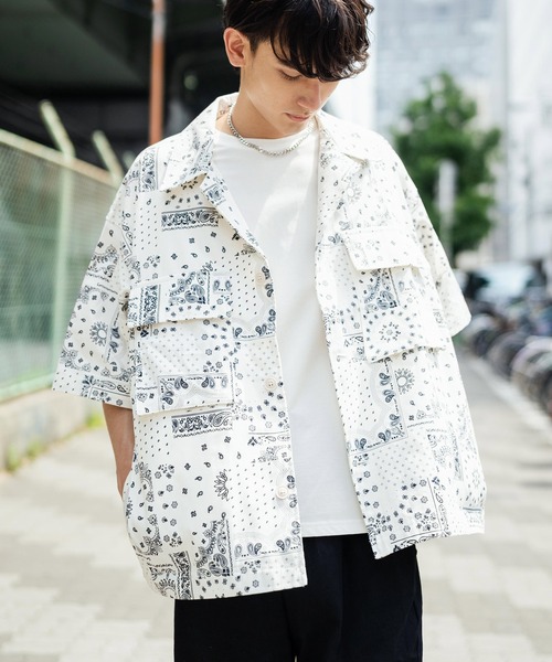 Rocky Monroe(ロッキーモンロー)の「オーバーサイズ ミリタリー ワーク 半袖CPOシャツ / シェフシャツ(シャツ/ブラウス・メンズ・ストライプ/インディゴブルー/ワンウォッシュ/ブラック系/ホワイト系/ブラック系1/グレー系/レオパード・M/L/XL)」の2枚目の写真