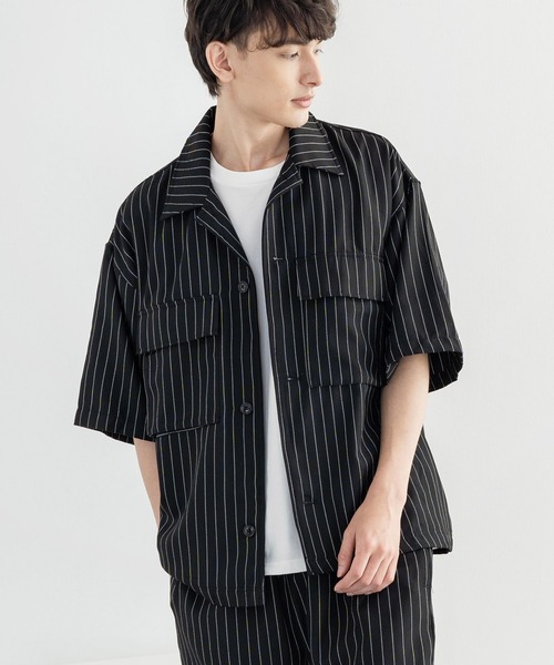 Rocky Monroe(ロッキーモンロー)の「オーバーサイズ ミリタリー ワーク 半袖CPOシャツ / シェフシャツ(シャツ/ブラウス・メンズ・ストライプ/インディゴブルー/ワンウォッシュ/ブラック系/ホワイト系/ブラック系1/グレー系/レオパード・M/L/XL)」の3枚目の写真