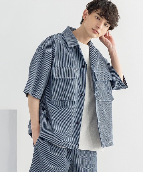 Rocky Monroe(ロッキーモンロー)の「オーバーサイズ ミリタリー ワーク 半袖CPOシャツ / シェフシャツ(シャツ/ブラウス・メンズ・ストライプ/インディゴブルー/ワンウォッシュ/ブラック系/ホワイト系/ブラック系1/グレー系/レオパード・M/L/XL)」の8枚目の写真