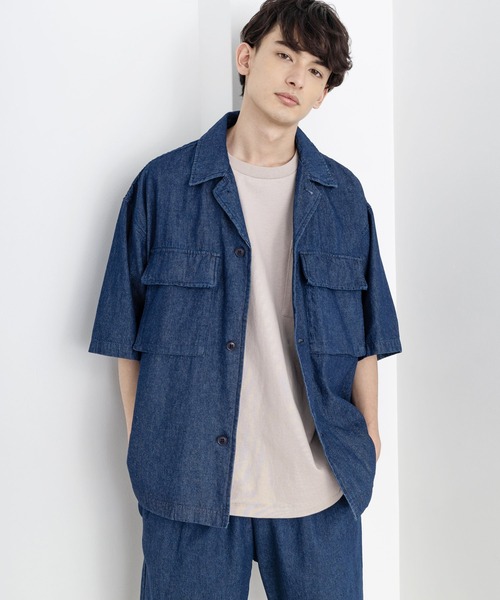 Rocky Monroe(ロッキーモンロー)の「オーバーサイズ ミリタリー ワーク 半袖CPOシャツ / シェフシャツ(シャツ/ブラウス・メンズ・ストライプ/インディゴブルー/ワンウォッシュ/ブラック系/ホワイト系/ブラック系1/グレー系/レオパード・M/L/XL)」の7枚目の写真