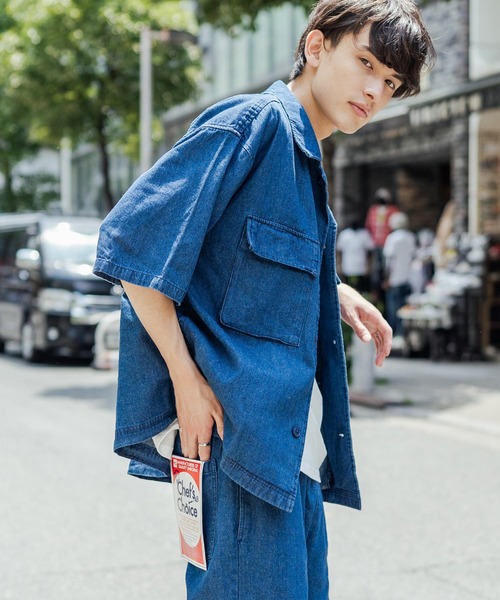 Rocky Monroe(ロッキーモンロー)の「オーバーサイズ ミリタリー ワーク 半袖CPOシャツ / シェフシャツ(シャツ/ブラウス・メンズ・ストライプ/インディゴブルー/ワンウォッシュ/ブラック系/ホワイト系/ブラック系1/グレー系/レオパード・M/L/XL)」の6枚目の写真
